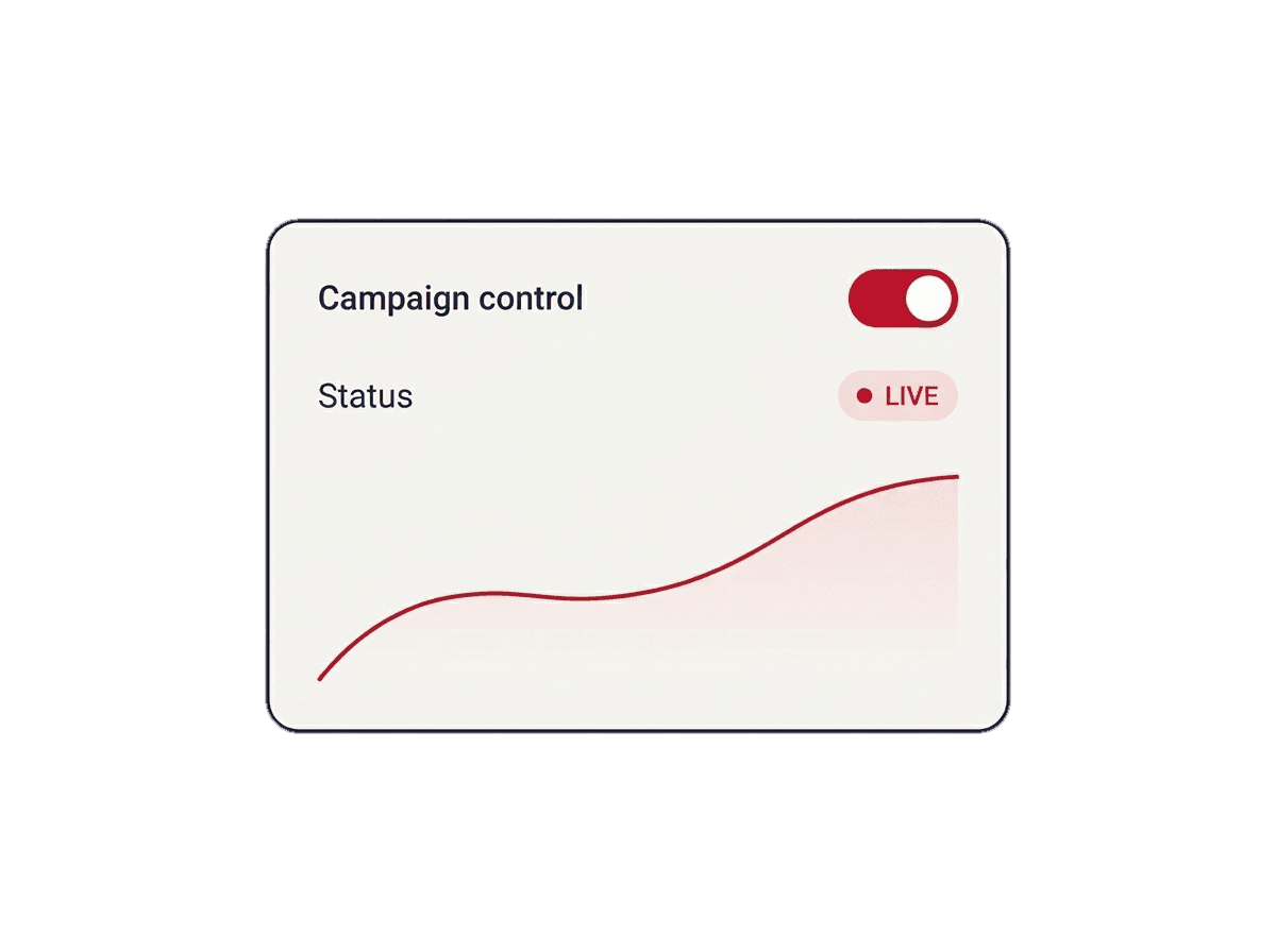 Campaign control panel with live status and growth chart